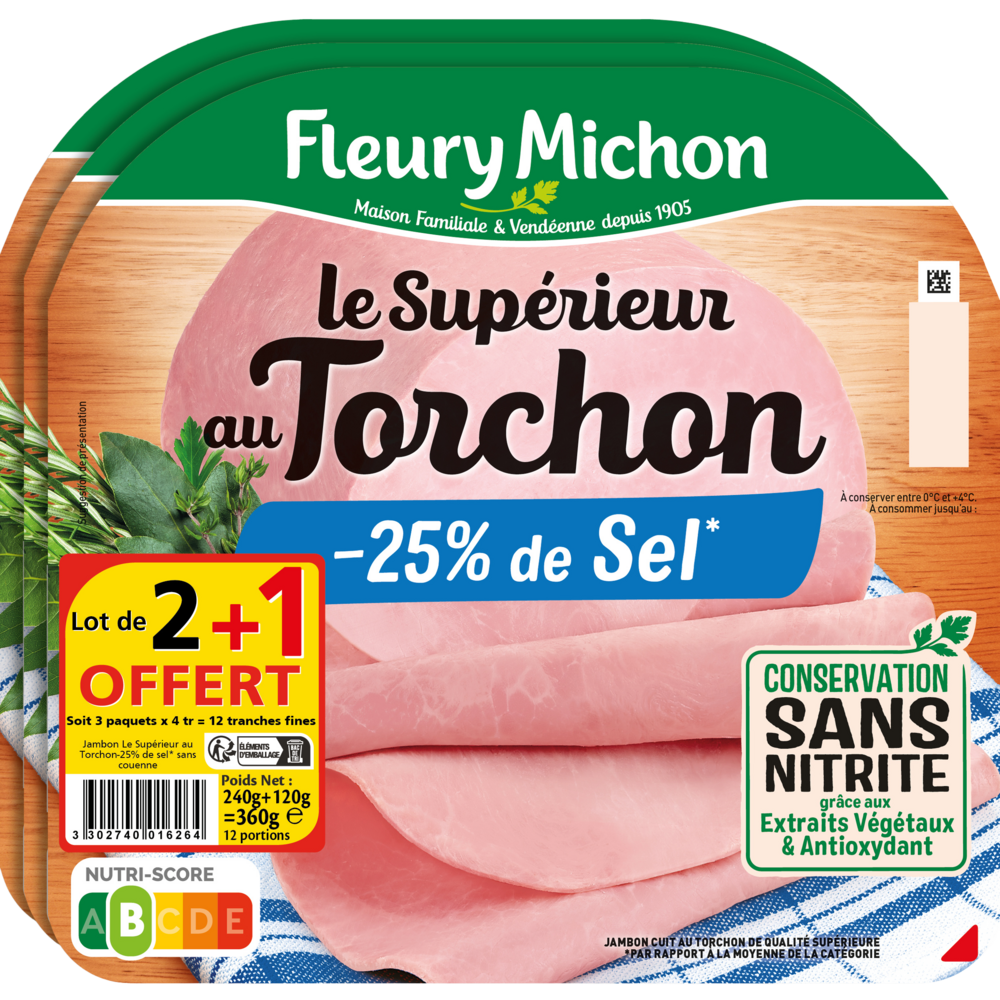 JAMBON CUIT AU TORCHON -25% DE SEL CONSERVATION SANS NITRITE FLEURY MICHON