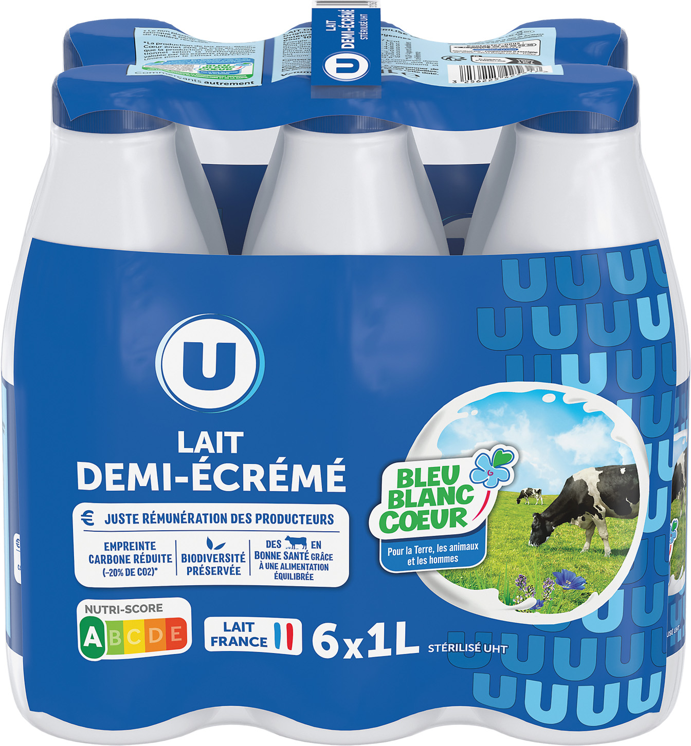 LAIT STERILISE UHT DEMI-ECREME BLEU BLANC COEUR U