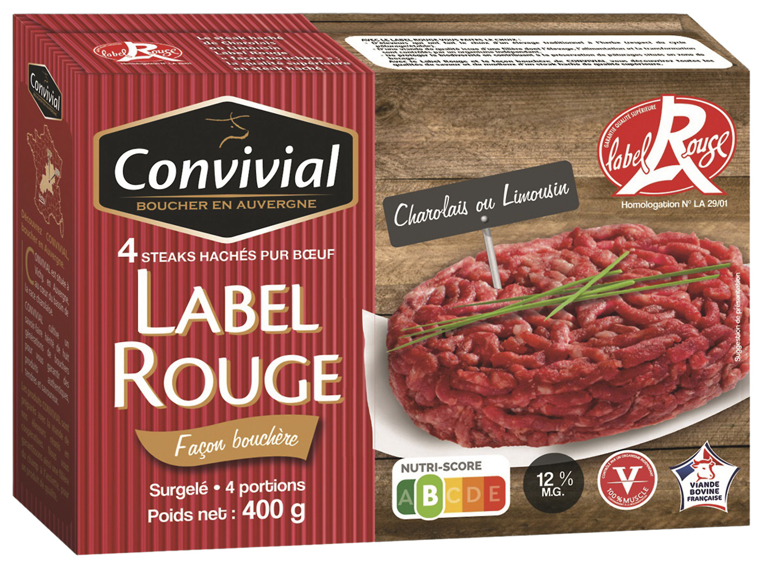 STEAKS HACHES PUR BŒUF CHAROLAIS LABEL ROUGE SURGELES CONVIVIAL