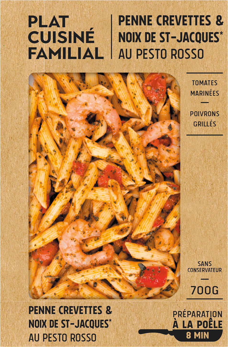 PENNE CREVETTES ET NOIX ST JACQUES OU RADIATORI POULET CHORIZO OU SERPENITINI POULET CHAMPIGNONS