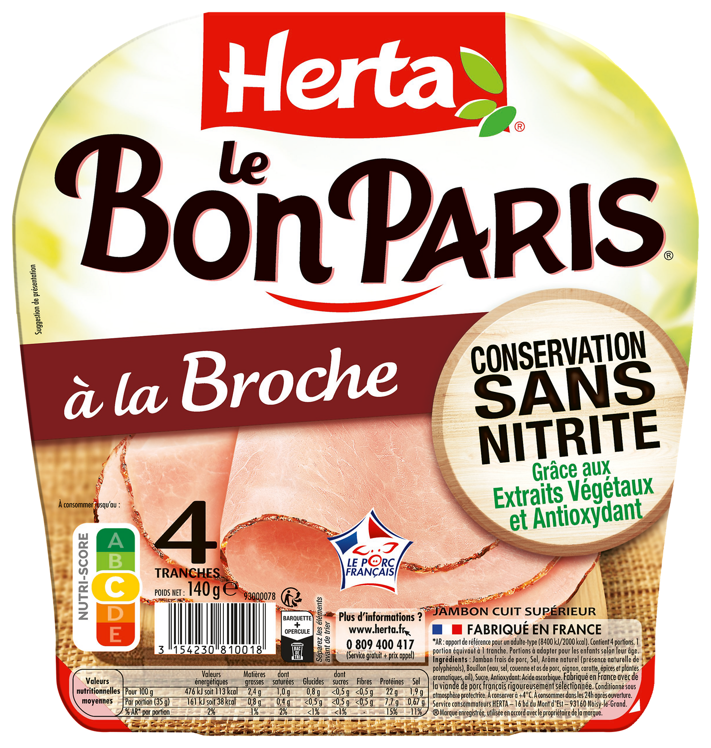 JAMBON LE BON PARIS A LA BROCHE CONSERVATION SANS NITRITE HERTA