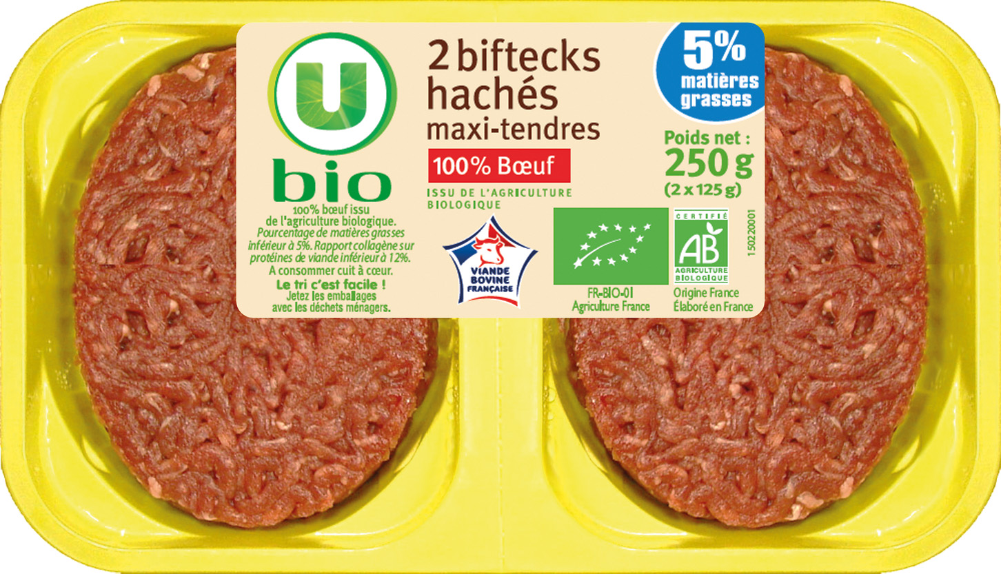 STEAK HACHE PUR BOEUF 15% OU 5% MG MAXI TENDRE U BIO
