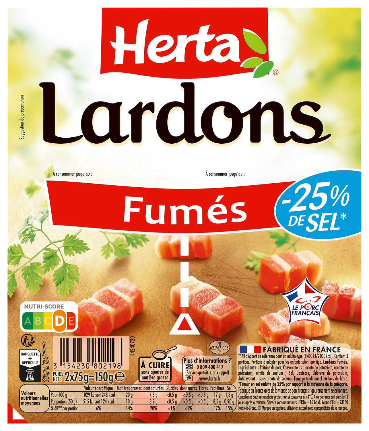 LARDONS OU ALLUMETTES FUMES -25% DE SEL HERTA