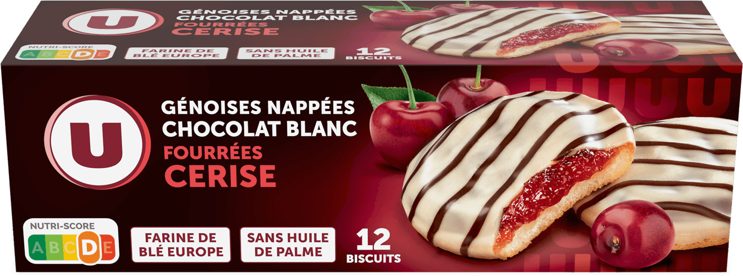GENOISES NAPPEES CHOCOLAT BLANC ET FOURREES CERISE U
