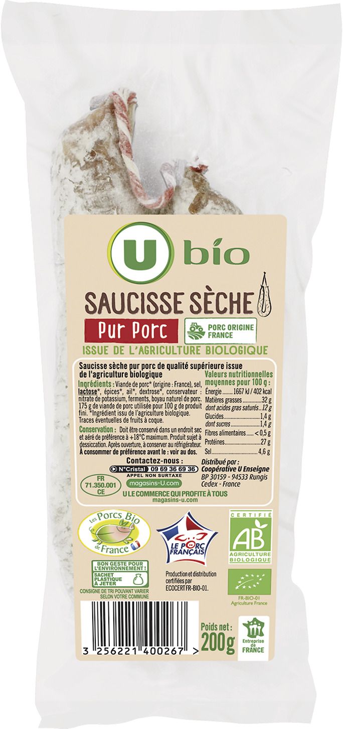 SAUCISSE SECHE OU SAUCISSON PUR PORC U BIO