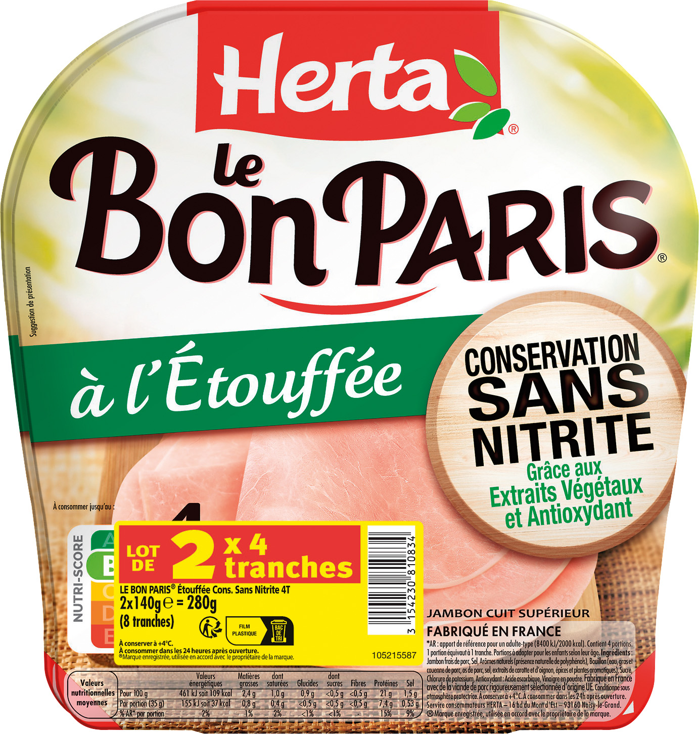 JAMBON LE BON PARIS A L'ETOUFFEE CONSERVATION SANS NITRITE HERTA