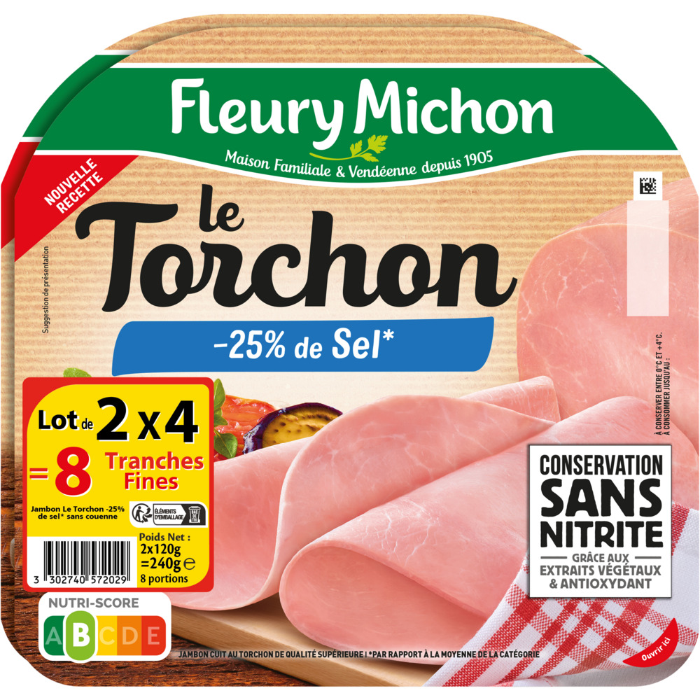 JAMBON LE TORCHON -25% DE SEL CONSERVATION SANS NITRITE FLEURY MICHON