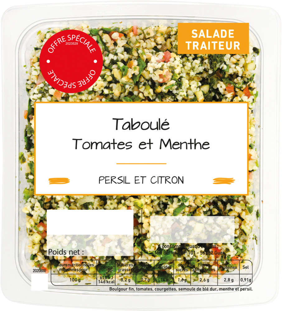 TABOULÉ TOMATE ET MENTHE OU CHORIZO POIVRONS OU PAMPLEMOUSSE MANDARINE